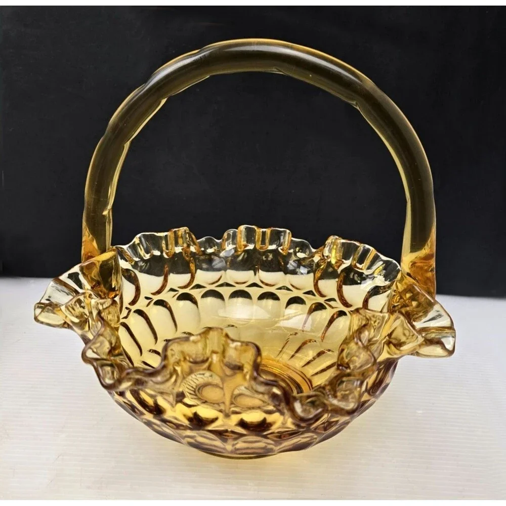 Vintage Fenton Colonial Amber Thumbprint Glass Basket  8